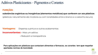 25
AditivosPlasticizantes–PigmentoseCorantes
FUNÇÃO:
substâncias orgânicas ou inorgânicas (elementos metálicos) que conferem cor aos plásticos
(plásticos: naturalmente são incolores ou com tonalidades entre o branco e o castanho escuro).
Vantagens: Dispensa a pintura e outros acabamentos
Inconvenientes: - Mais um aditivo
- Reduzem a transparência
Para aplicações em plásticos que contactam alimentos e fármacos, os corantes tem que respeitar
apertadas normas de toxicidade
 