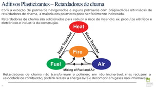 38
AditivosPlasticizantes–Retardadoresdechama
Com a exceção de polímeros halogenados e alguns polímeros com propriedades intrínsecas de
retardadores de chama, a maioria dos polímeros pode ser facilmente incinerada.
Retardadores de chama são adicionados para reduzir o risco de incendio: ex. produtos elétricos e
eletrónicos e industria da construção.
Retardadores de chama não transformam o polímero em não incinerável, mas reduzem a
velocidade de combustão, podem reduzir a energia livre e decompor em gases não inflamáveis
 