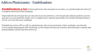 50
AditivosPlasticizantes–Estabilizadores
Estabilizadores a luz: Muitos polímeros são sensíveis a luz solar, e a combinação de raios UV
e oxigénio promove foto-oxidação.
Dependendo da energia da luz e da estrutura do polímero, a formação de radicais poderá ocorrer,
que por sua vez poderão reagir com o oxigénio por radicais peróxidos, formando hidroperóxidos e
iniciar um ciclo de auto-oxidação.
Poliolefinas como o PP e o PE ou elastómeros, são muito sensíveis a foto-oxidação, resultando
numa rápida degradação (PP chalking) ou formação de fissuras (cracks), descoloração, e perda das
propriedades mecânicas (Mw diminiu).
 