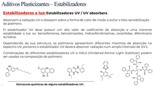 51
AditivosPlasticizantes–Estabilizadores
Estabilizadores a luz: Estabilizadores UV / UV absorbers
Absorvem a radiação UV e dissipam sobre a forma de calor de modo a evitar a foto-sensibilização
do polímero.
O estabilizador UV deve possuir um alto valor de coeficiente de absorção e uma inerente
estabilidade a luz: ex. benzofenonas, benzotriazoles, hidroxifeniltriazinas, oxianilidas, difenilciano
acrilatos.
Dependendo da sua estrutura, os polímeros apresentam diferentes máximos de absorção no
espectro UV, portanto o estabilizador UV devera absorver radiação num amplo intervalo de UV’s.
Combinações de diferentes estabilizadores UV e HALS (Hindered-Amine Light Stabilizer) podem
ser usadas na composição do polímero.
Estruturas quimicas de alguns estabilizadores UV.
 