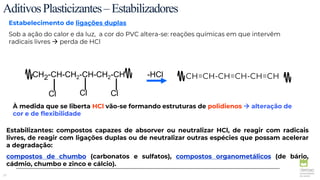 57
À medida que se liberta HCl vão-se formando estruturas de polidienos  alteração de
cor e de flexibilidade
CH2-CH-CH2-CH-CH2-CH -HCl
Cl
Cl Cl
CH=CH-CH=CH-CH=CH
Estabelecimento de ligações duplas
Sob a ação do calor e da luz, a cor do PVC altera-se: reações químicas em que intervêm
radicais livres  perda de HCl
AditivosPlasticizantes–Estabilizadores
Estabilizantes: compostos capazes de absorver ou neutralizar HCl, de reagir com radicais
livres, de reagir com ligações duplas ou de neutralizar outras espécies que possam acelerar
a degradação:
compostos de chumbo (carbonatos e sulfatos), compostos organometálicos (de bário,
cádmio, chumbo e zinco e cálcio).
 