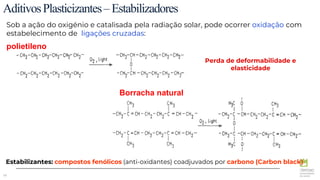 58
AditivosPlasticizantes–Estabilizadores
Sob a ação do oxigénio e catalisada pela radiação solar, pode ocorrer oxidação com
estabelecimento de ligações cruzadas:
polietileno
Borracha natural
Perda de deformabilidade e
elasticidade
Estabilizantes: compostos fenólicos (anti-oxidantes) coadjuvados por carbono (Carbon black)
 