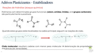63
AditivosPlasticizantes–Estabilizadores
Reações de hidrolise (ataque químico)
Polímeros com determinados grupos funcionais (esters, amidas, imidas, and grupos carbonato)
são particularmente suscetíveis.
Quando estes grupos estão localizados na cadeia principal, seguem-se reações de cisão.
Cisão molecular: resultam cadeias com menor peso molecular  deterioração de propriedades
mecânicas (ex: tenacidade).
 