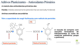 67
AditivosPlasticizantes–AntioxidantesPrimários
A maioria dos antioxidantes primários são:
Fenóis: inibidos estereamente (phenols that are sterically hindered)
Aminas aromáticas secundárias
(1)
Radical fenóxido
Radical peróxido
+ +
Têm a capacidade de reagir facilmente com radicais de peróxido:
A reacção (1) compete com
reacções formadoras de
hidroperóxidos (à custa da
molécula polimérica; poupa
o polímero)
 