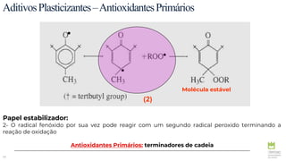 68
AditivosPlasticizantes–AntioxidantesPrimários
(2)
Molécula estável
Papel estabilizador:
2- O radical fenóxido por sua vez pode reagir com um segundo radical peroxido terminando a
reação de oxidação
Antioxidantes Primários: terminadores de cadeia
 