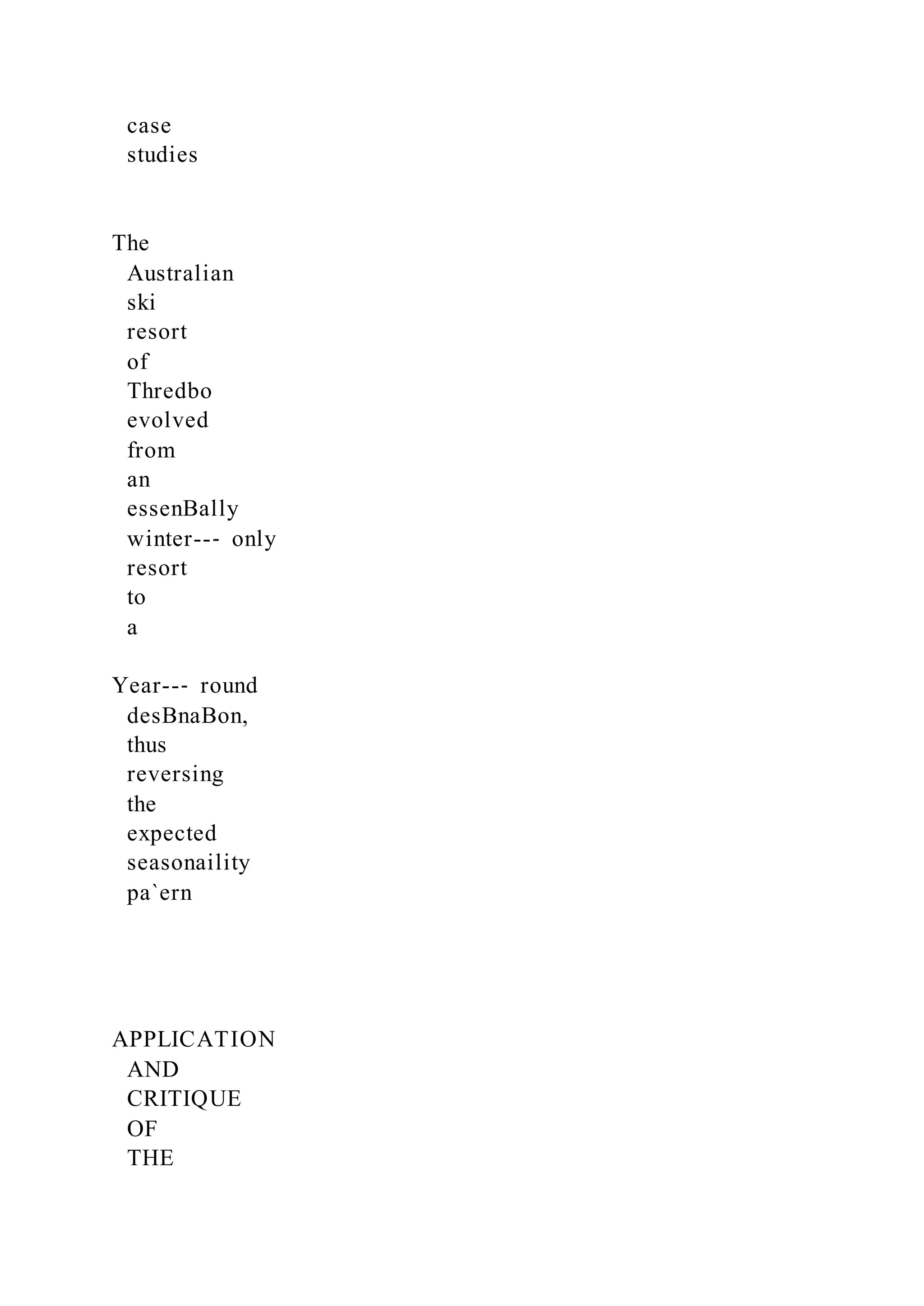 case
studies
The
Australian
ski
resort
of
Thredbo
evolved
from
an
essenBally
winter--‐ only
resort
to
a
Year--‐ round
desBnaBon,
thus
reversing
the
expected
seasonaility
pa`ern
APPLICATION
AND
CRITIQUE
OF
THE
 