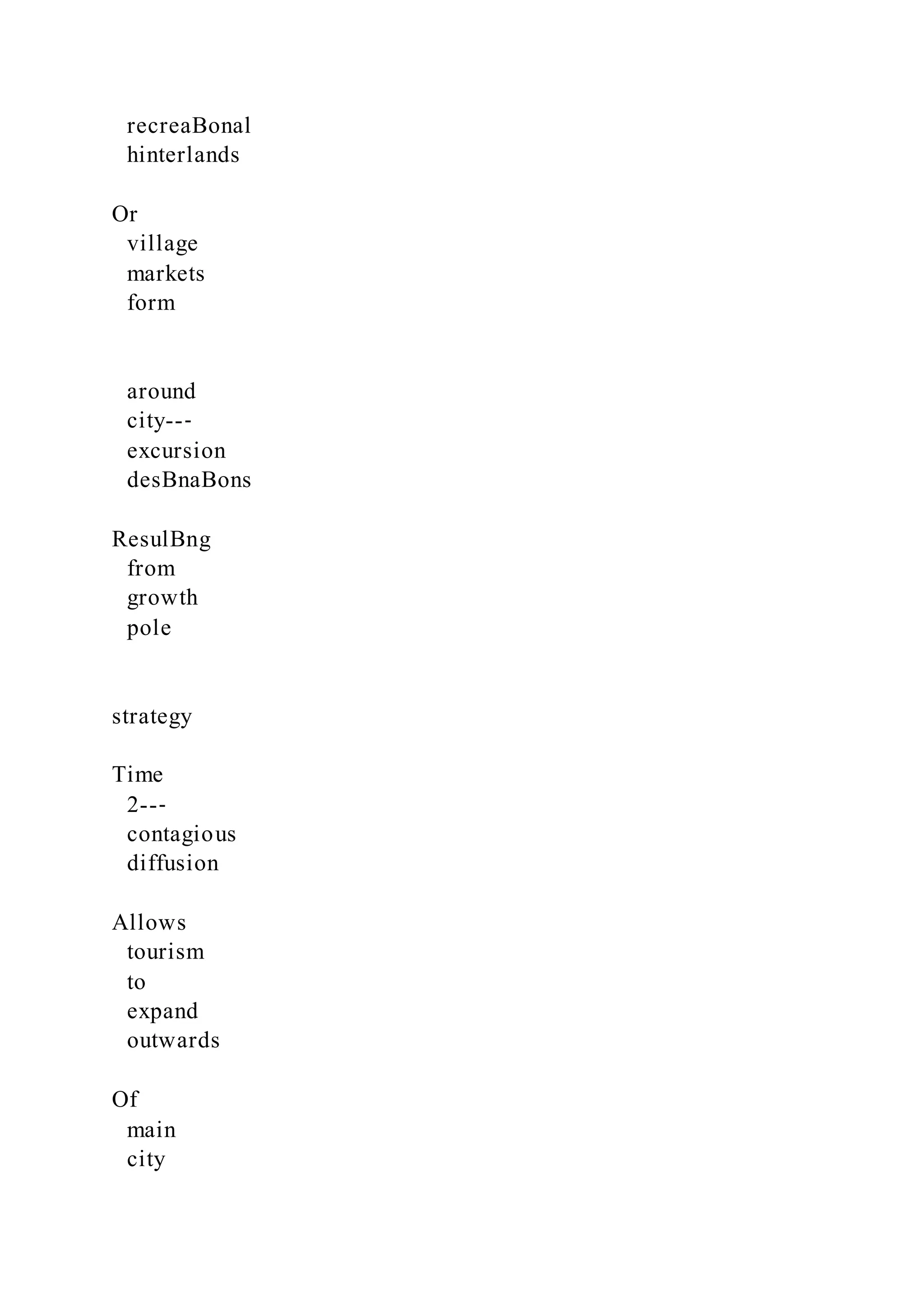 recreaBonal
hinterlands
Or
village
markets
form
around
city--‐
excursion
desBnaBons
ResulBng
from
growth
pole
strategy
Time
2--‐
contagious
diffusion
Allows
tourism
to
expand
outwards
Of
main
city
 