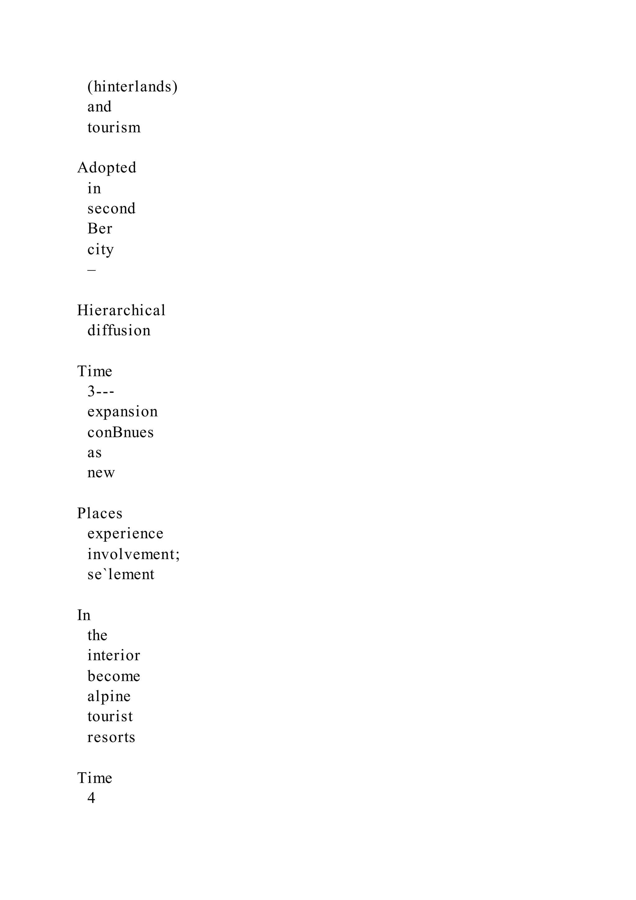 (hinterlands)
and
tourism
Adopted
in
second
Ber
city
–
Hierarchical
diffusion
Time
3--‐
expansion
conBnues
as
new
Places
experience
involvement;
se`lement
In
the
interior
become
alpine
tourist
resorts
Time
4
 