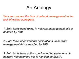 We can compare the task of network management to the task of writing a program. 1. Both tasks need rules. In network management this is handled by SMI. 2. Both tasks need variable declarations. In network management this is handled by MIB. 3. Both tasks have actions performed by statements. In network management this is handled by SNMP. An Analogy  