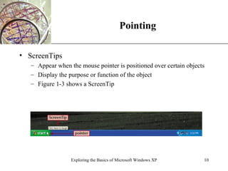 Pointing ScreenTips Appear when the mouse pointer is positioned over certain objects Display the purpose or function of the object Figure 1-3 shows a ScreenTip Exploring the Basics of Microsoft Windows XP 