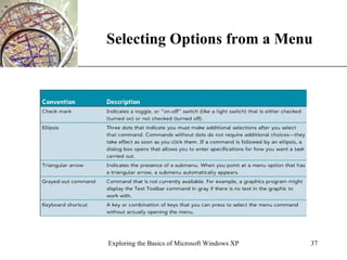 Selecting Options from a Menu Exploring the Basics of Microsoft Windows XP 