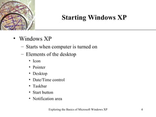 Starting Windows XP Windows XP Starts when computer is turned on Elements of the desktop Icon Pointer Desktop Date/Time control Taskbar Start button Notification area Exploring the Basics of Microsoft Windows XP 