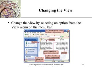 Changing the View Change the view by selecting an option from the View menu on the menu bar Exploring the Basics of Microsoft Windows XP 