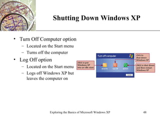 Shutting Down Windows XP Turn Off Computer option Located on the Start menu Turns off the computer Log Off option Located on the Start menu Logs off Windows XP but leaves the computer on Exploring the Basics of Microsoft Windows XP 