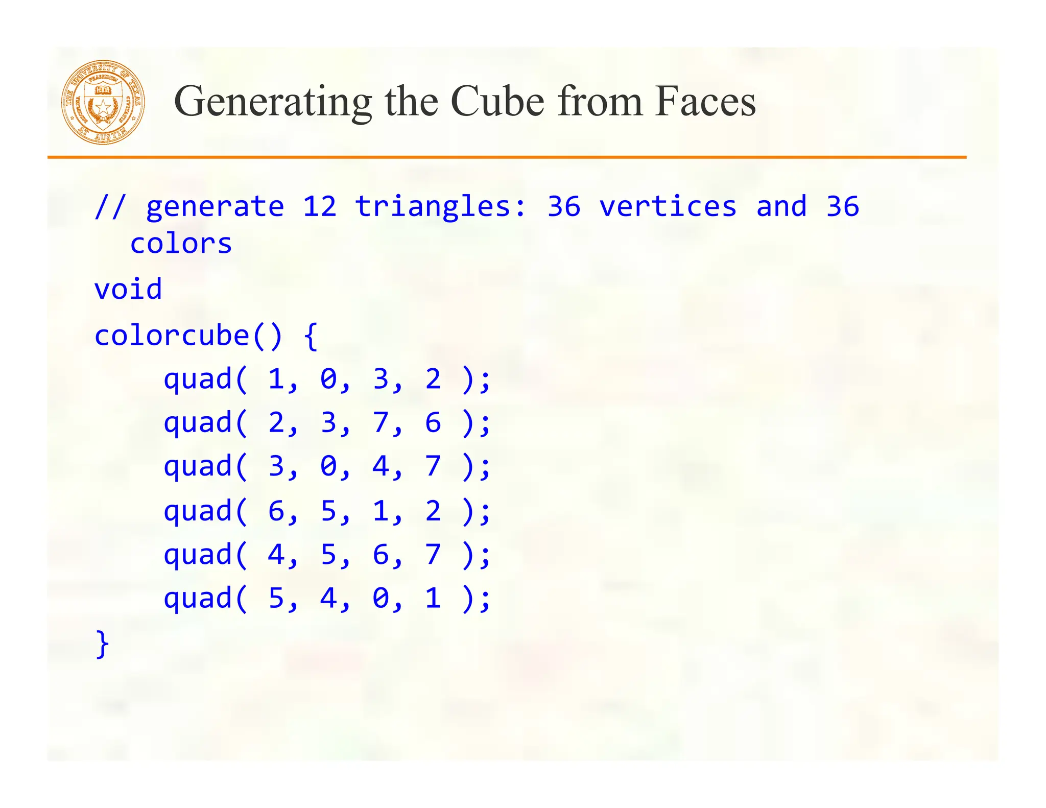 //	
  generate	
  12	
  triangles:	
  36	
  vertices	
  and	
  36	
  
colors	
  
void	
  
colorcube()	
  {	
  
	
  	
  	
  	
  quad(	
  1,	
  0,	
  3,	
  2	
  );	
  
	
  	
  	
  	
  quad(	
  2,	
  3,	
  7,	
  6	
  );	
  
	
  	
  	
  	
  quad(	
  3,	
  0,	
  4,	
  7	
  );	
  
	
  	
  	
  	
  quad(	
  6,	
  5,	
  1,	
  2	
  );	
  
	
  	
  	
  	
  quad(	
  4,	
  5,	
  6,	
  7	
  );	
  
	
  	
  	
  	
  quad(	
  5,	
  4,	
  0,	
  1	
  );	
  
}	
  
	
  
	
  
Generating the Cube from Faces
 