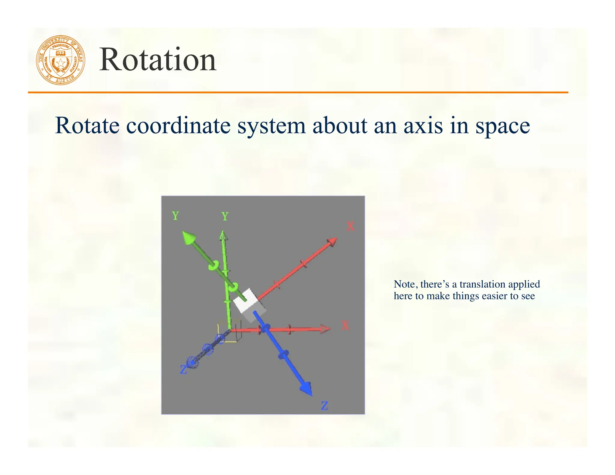 Rotate coordinate system about an axis in space
Rotation
Note, there’s a translation applied
here to make things easier to see	

 