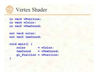 Vertex Shader
in vec4 vPosition;
in vec4 vColor;
in vec2 vTexCoord;
out vec4 color;
out vec2 texCoord;
void main() {
color = vColor;
texCoord = vTexCoord;
gl_Position = vPosition;
}
 