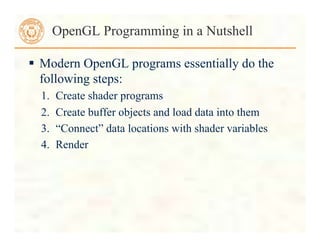  Modern OpenGL programs essentially do the
following steps:
1. Create shader programs
2. Create buffer objects and load data into them
3. “Connect” data locations with shader variables
4. Render
OpenGL Programming in a Nutshell
 