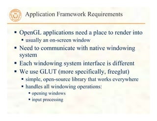  OpenGL applications need a place to render into
 usually an on-screen window
 Need to communicate with native windowing
system
 Each windowing system interface is different
 We use GLUT (more specifically, freeglut)
 simple, open-source library that works everywhere
 handles all windowing operations:
 opening windows
 input processing
Application Framework Requirements
 