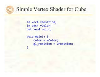 Simple Vertex Shader for Cube
in	
  vec4	
  vPosition;	
  
in	
  vec4	
  vColor;	
  
out	
  vec4	
  color;	
  
	
  
void	
  main()	
  {	
  
	
  	
  	
  	
  color	
  =	
  vColor;	
  
	
  	
  	
  	
  gl_Position	
  =	
  vPosition;	
  
}	
  
	
  
 