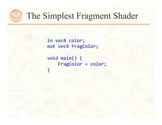 The Simplest Fragment Shader
in	
  vec4	
  color;	
  
out	
  vec4	
  FragColor;	
  
	
  
void	
  main()	
  {	
  
	
  	
  	
  	
  FragColor	
  =	
  color;	
  
}	
  
 