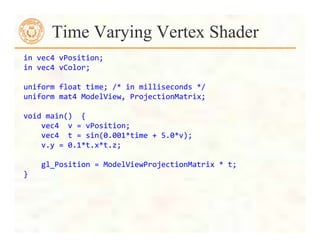 Time Varying Vertex Shader
in	
  vec4	
  vPosition;	
  
in	
  vec4	
  vColor;	
  
	
  
uniform	
  float	
  time;	
  /*	
  in	
  milliseconds	
  */	
  
uniform	
  mat4	
  ModelView,	
  ProjectionMatrix;	
  
	
  
void	
  main()	
  	
  {	
  
	
  	
  	
  	
  vec4	
  	
  v	
  =	
  vPosition;	
  
	
  	
  	
  	
  vec4	
  	
  t	
  =	
  sin(0.001*time	
  +	
  5.0*v);	
  	
  	
  	
  	
  
	
  	
  	
  	
  v.y	
  =	
  0.1*t.x*t.z;	
  
	
  
	
  	
  	
  	
  gl_Position	
  =	
  ModelViewProjectionMatrix	
  *	
  t;	
  
}	
  
 