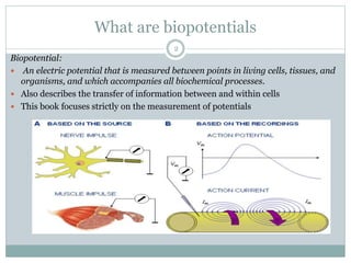 What are biopotentials
Biopotential:
 An electric potential that is measured between points in living cells, tissues, and
organisms, and which accompanies all biochemical processes.
 Also describes the transfer of information between and within cells
 This book focuses strictly on the measurement of potentials
2
 