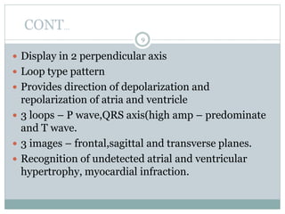 9
 Display in 2 perpendicular axis
 Loop type pattern
 Provides direction of depolarization and
repolarization of atria and ventricle
 3 loops – P wave,QRS axis(high amp – predominate
and T wave.
 3 images – frontal,sagittal and transverse planes.
 Recognition of undetected atrial and ventricular
hypertrophy, myocardial infraction.
CONT…
 