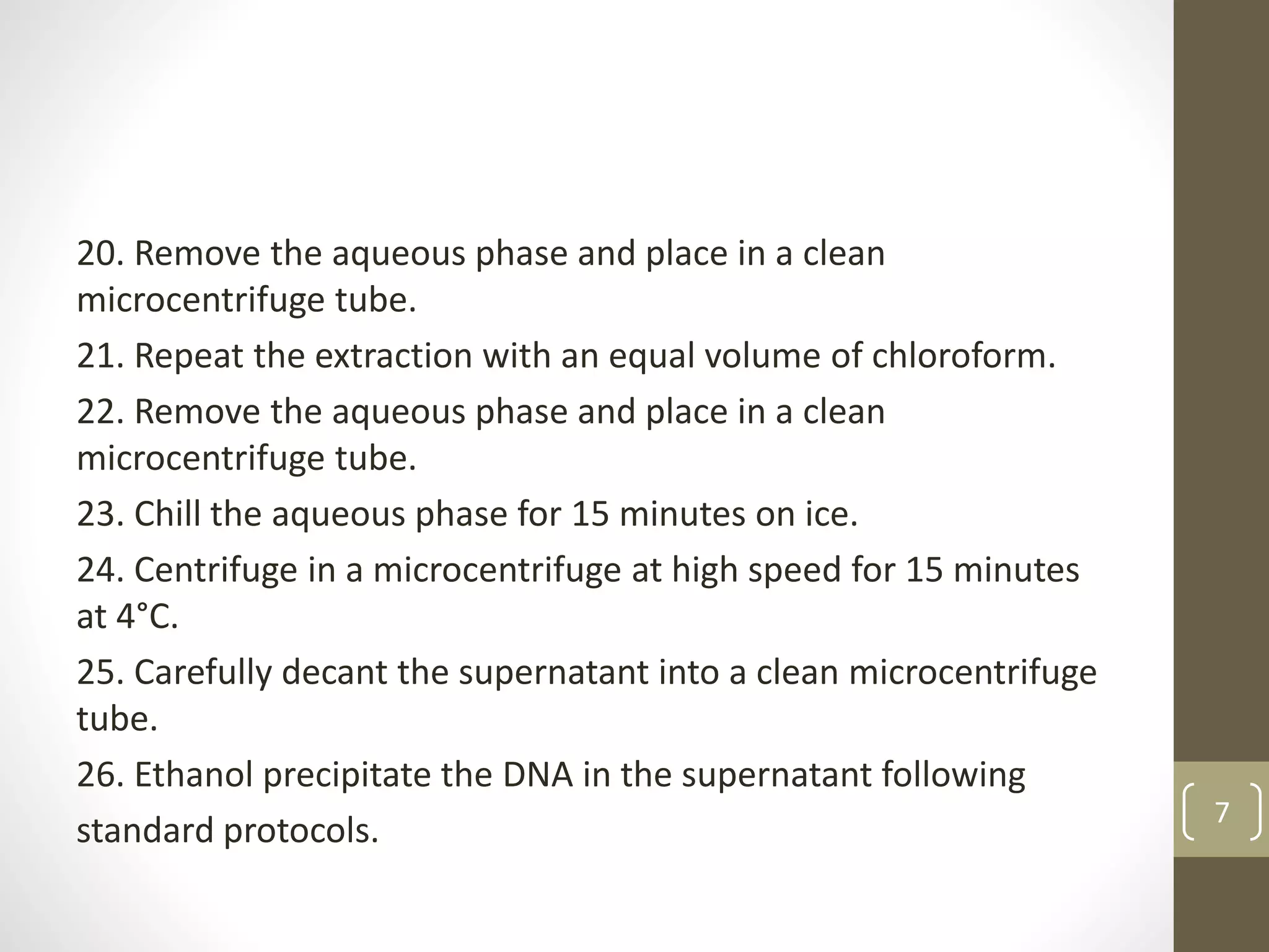 20. Remove the aqueous phase and place in a clean
microcentrifuge tube.
21. Repeat the extraction with an equal volume of chloroform.
22. Remove the aqueous phase and place in a clean
microcentrifuge tube.
23. Chill the aqueous phase for 15 minutes on ice.
24. Centrifuge in a microcentrifuge at high speed for 15 minutes
at 4°C.
25. Carefully decant the supernatant into a clean microcentrifuge
tube.
26. Ethanol precipitate the DNA in the supernatant following
standard protocols.
7
 