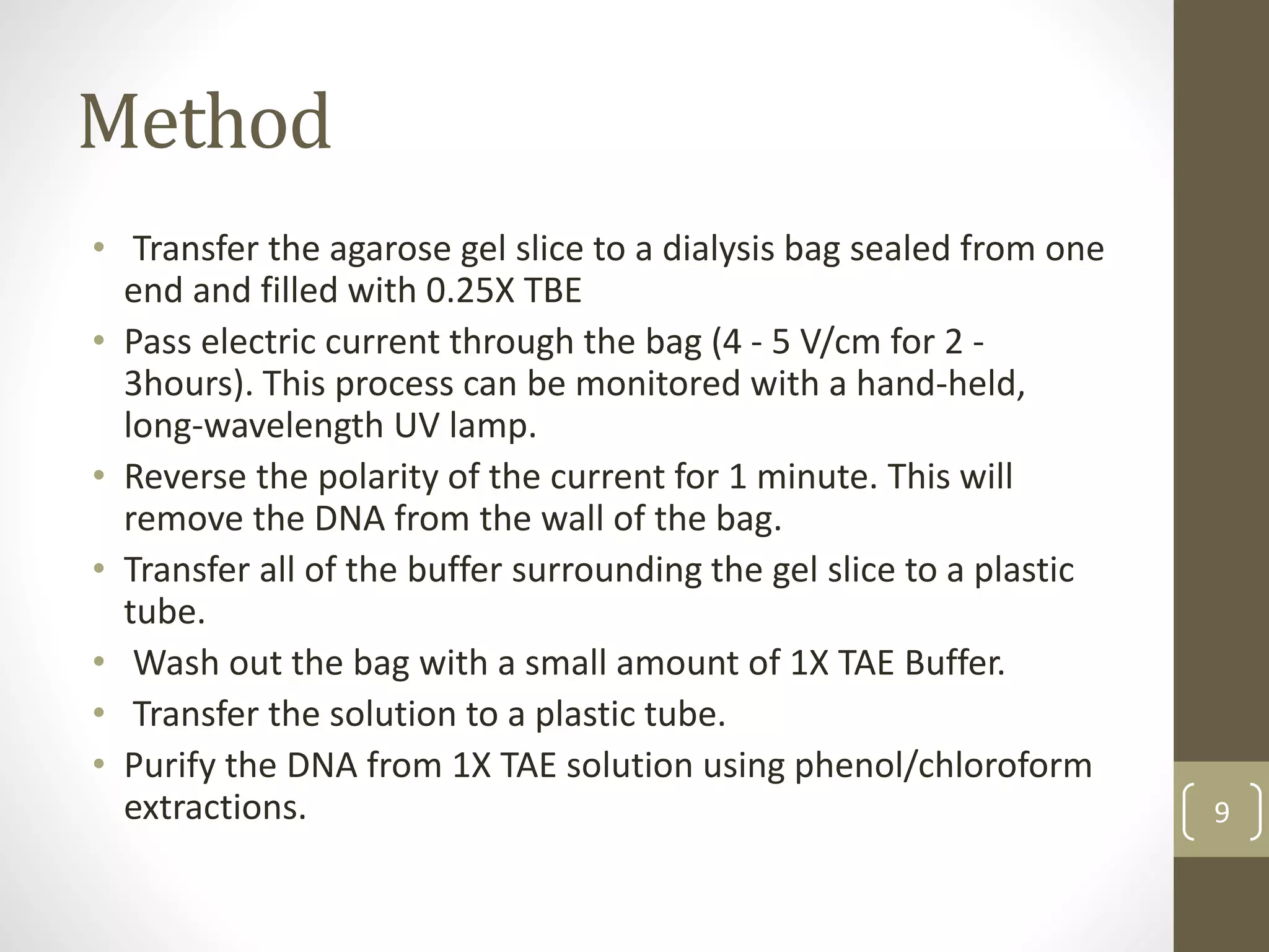 Method
• Transfer the agarose gel slice to a dialysis bag sealed from one
end and filled with 0.25X TBE
• Pass electric current through the bag (4 - 5 V/cm for 2 -
3hours). This process can be monitored with a hand-held,
long-wavelength UV lamp.
• Reverse the polarity of the current for 1 minute. This will
remove the DNA from the wall of the bag.
• Transfer all of the buffer surrounding the gel slice to a plastic
tube.
• Wash out the bag with a small amount of 1X TAE Buffer.
• Transfer the solution to a plastic tube.
• Purify the DNA from 1X TAE solution using phenol/chloroform
extractions. 9
 