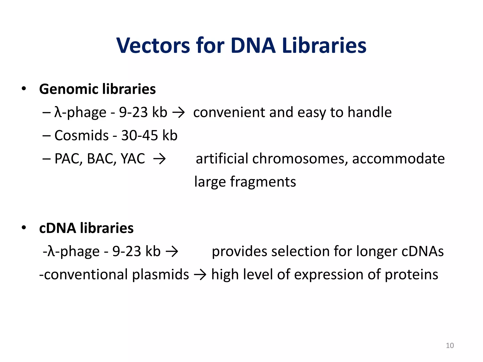 Vectors for DNA Libraries
• Genomic libraries
– λ-phage - 9-23 kb → convenient and easy to handle
– Cosmids - 30-45 kb
– PAC, BAC, YAC → artificial chromosomes, accommodate
large fragments
• cDNA libraries
-λ-phage - 9-23 kb → provides selection for longer cDNAs
-conventional plasmids → high level of expression of proteins
10
 