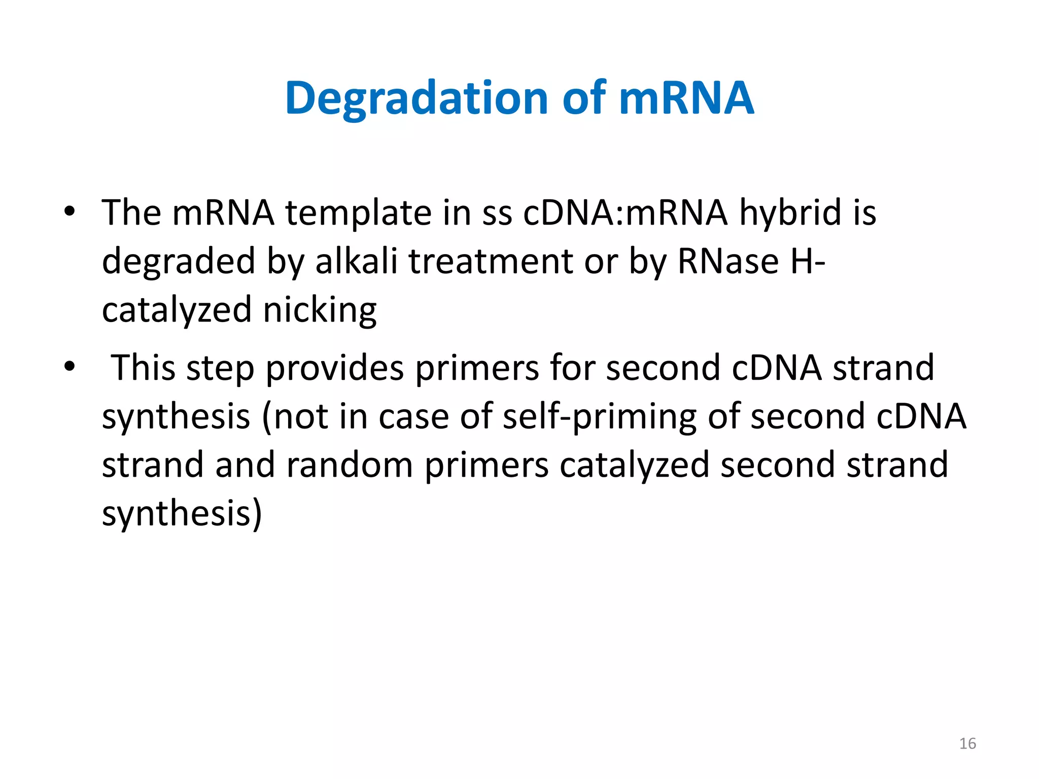 Degradation of mRNA
• The mRNA template in ss cDNA:mRNA hybrid is
degraded by alkali treatment or by RNase H-
catalyzed nicking
• This step provides primers for second cDNA strand
synthesis (not in case of self-priming of second cDNA
strand and random primers catalyzed second strand
synthesis)
16
 