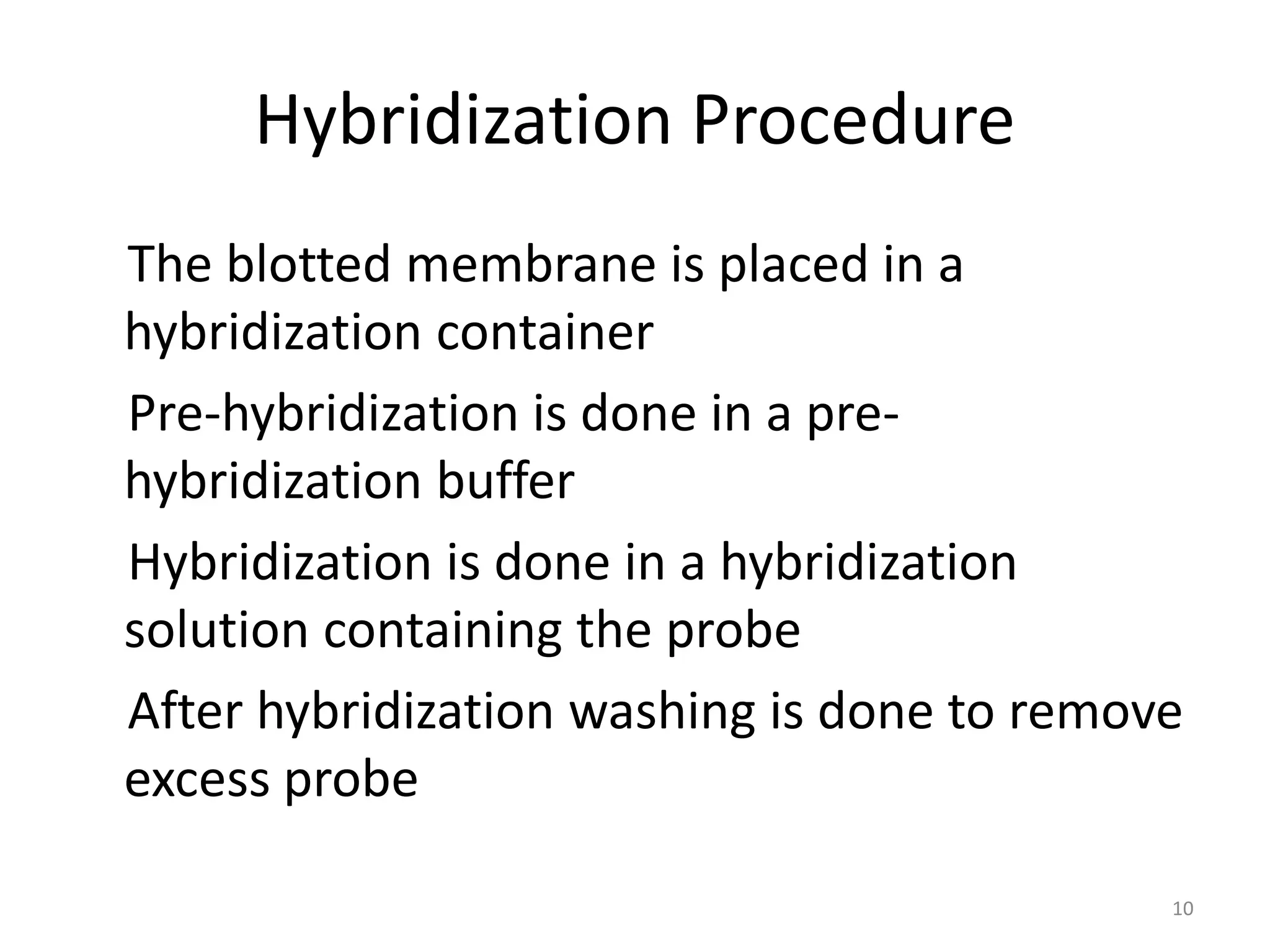 Hybridization Procedure
The blotted membrane is placed in a
hybridization container
Pre-hybridization is done in a pre-
hybridization buffer
Hybridization is done in a hybridization
solution containing the probe
After hybridization washing is done to remove
excess probe
10
 