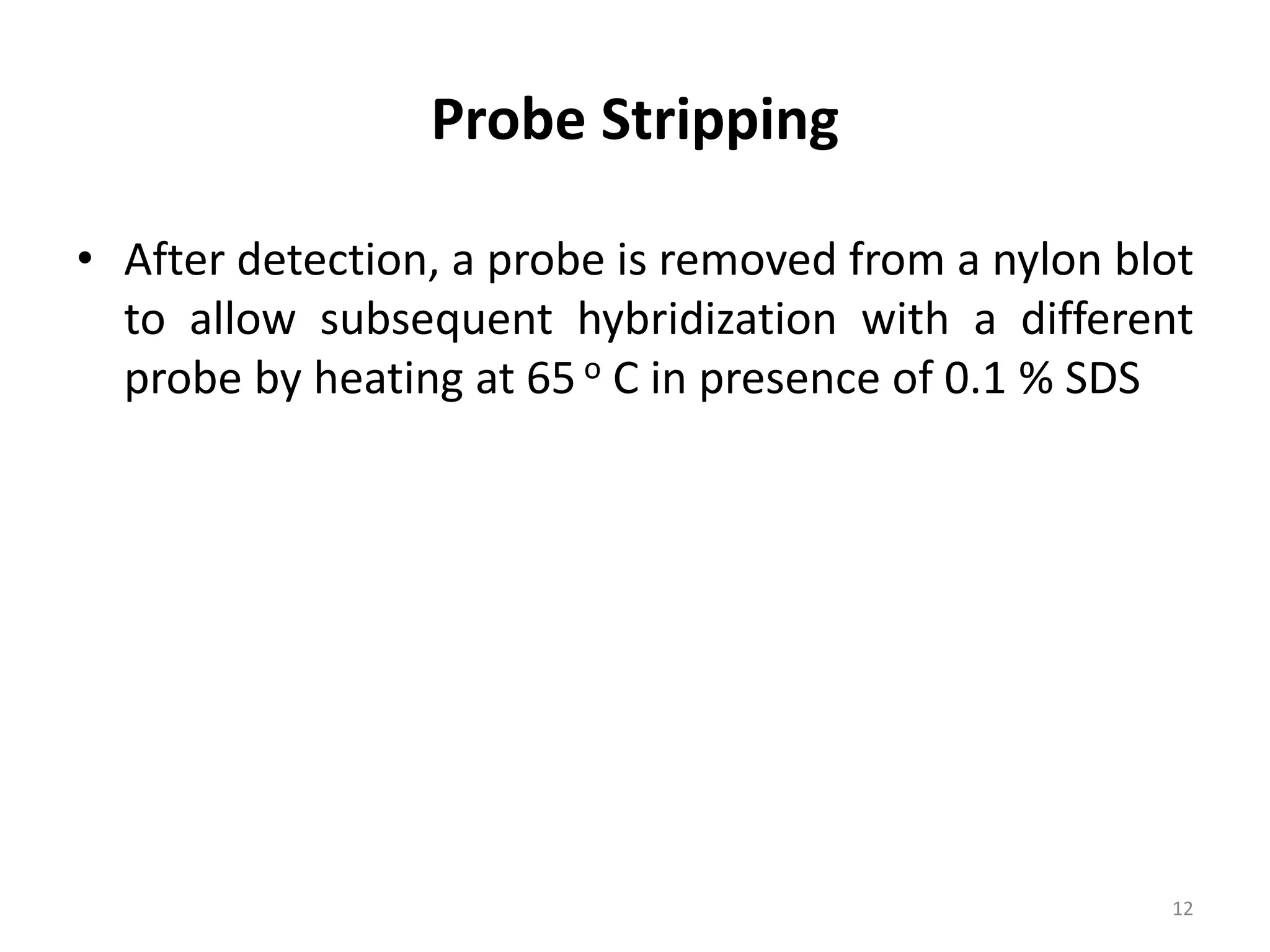 Probe Stripping
• After detection, a probe is removed from a nylon blot
to allow subsequent hybridization with a different
probe by heating at 65 o C in presence of 0.1 % SDS
12
 