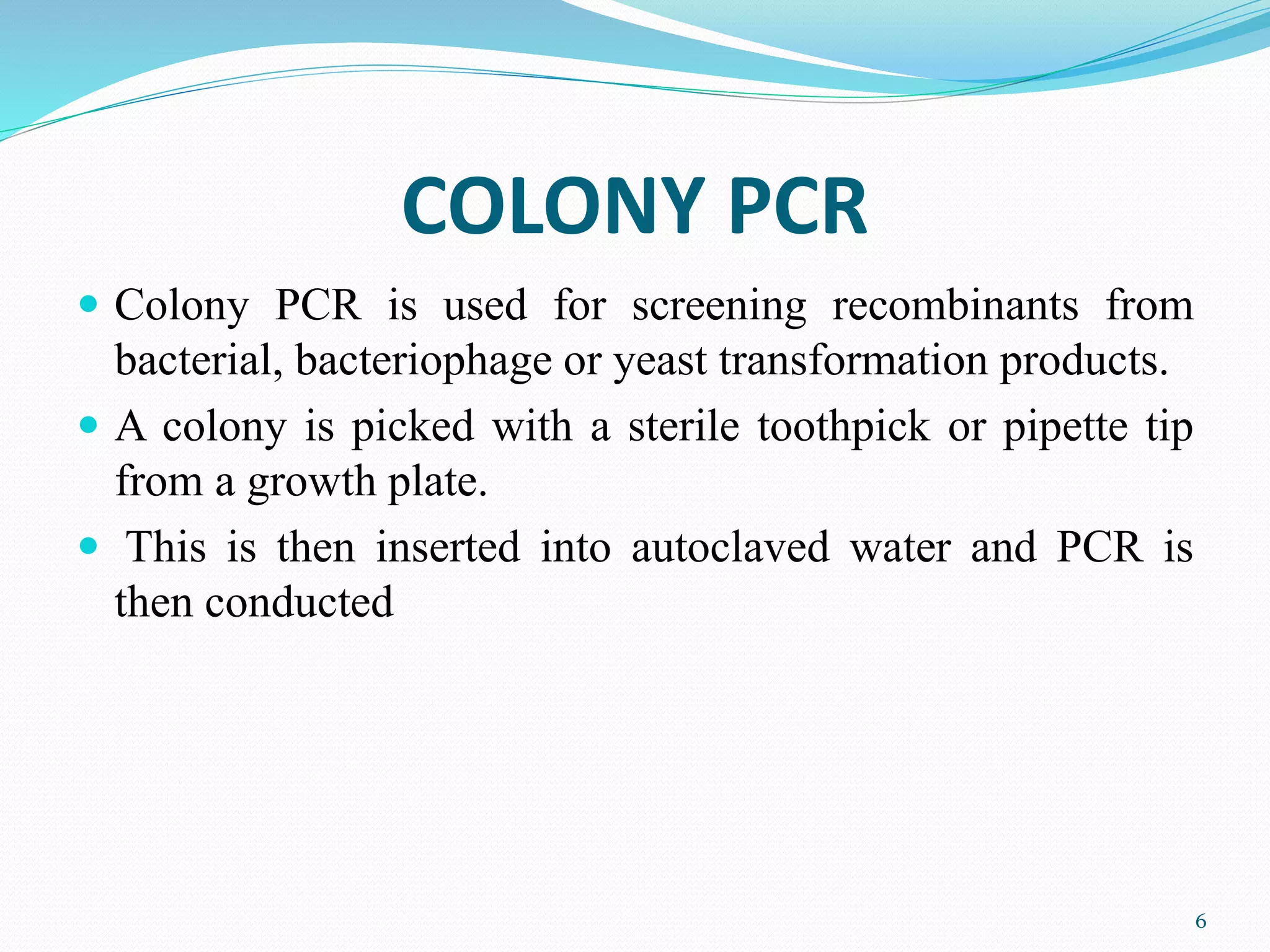 COLONY PCR
 Colony PCR is used for screening recombinants from
bacterial, bacteriophage or yeast transformation products.
 A colony is picked with a sterile toothpick or pipette tip
from a growth plate.
 This is then inserted into autoclaved water and PCR is
then conducted
6
 