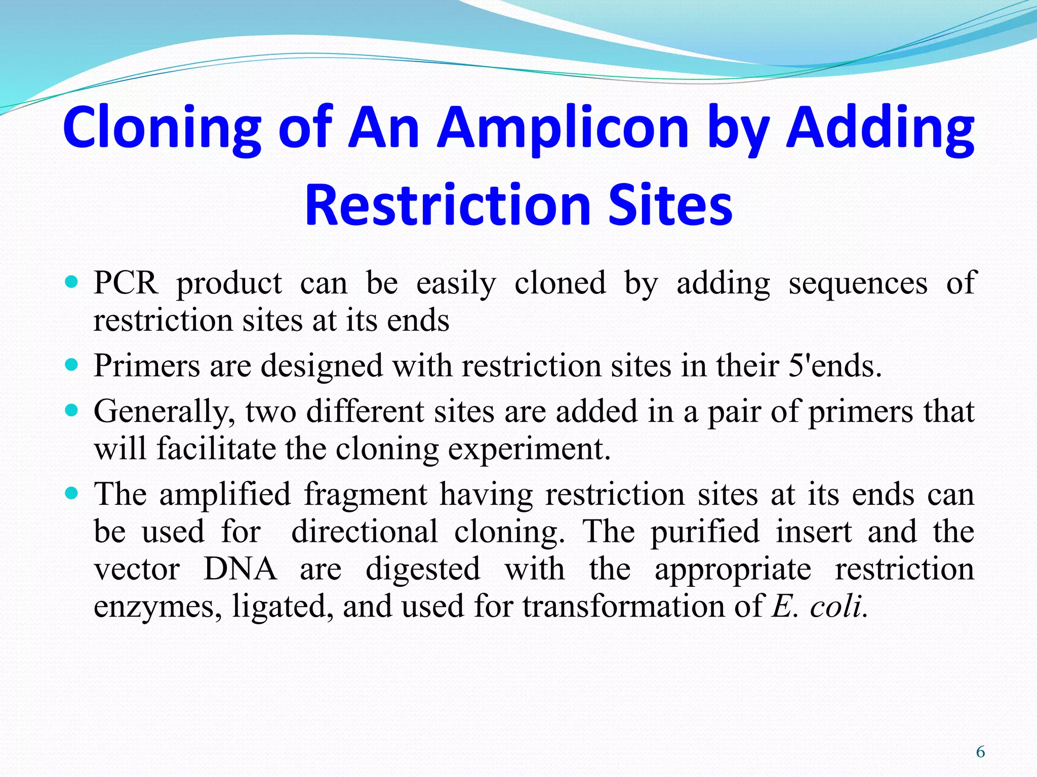 Cloning of An Amplicon by Adding
Restriction Sites
 PCR product can be easily cloned by adding sequences of
restriction sites at its ends
 Primers are designed with restriction sites in their 5'ends.
 Generally, two different sites are added in a pair of primers that
will facilitate the cloning experiment.
 The amplified fragment having restriction sites at its ends can
be used for directional cloning. The purified insert and the
vector DNA are digested with the appropriate restriction
enzymes, ligated, and used for transformation of E. coli.
6
 