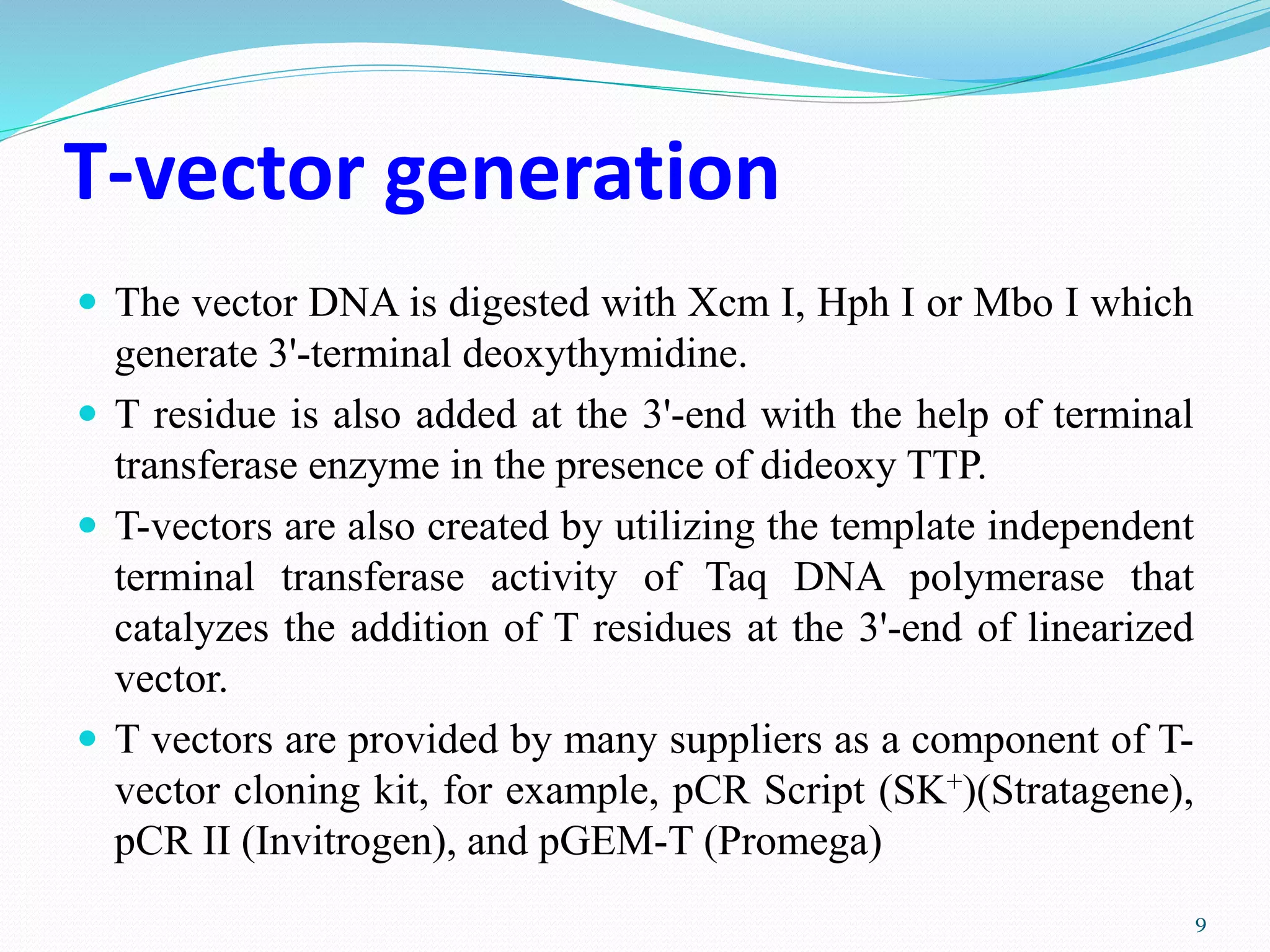 T-vector generation
 The vector DNA is digested with Xcm I, Hph I or Mbo I which
generate 3'-terminal deoxythymidine.
 T residue is also added at the 3'-end with the help of terminal
transferase enzyme in the presence of dideoxy TTP.
 T-vectors are also created by utilizing the template independent
terminal transferase activity of Taq DNA polymerase that
catalyzes the addition of T residues at the 3'-end of linearized
vector.
 T vectors are provided by many suppliers as a component of T-
vector cloning kit, for example, pCR Script (SK+)(Stratagene),
pCR II (Invitrogen), and pGEM-T (Promega)
9
 