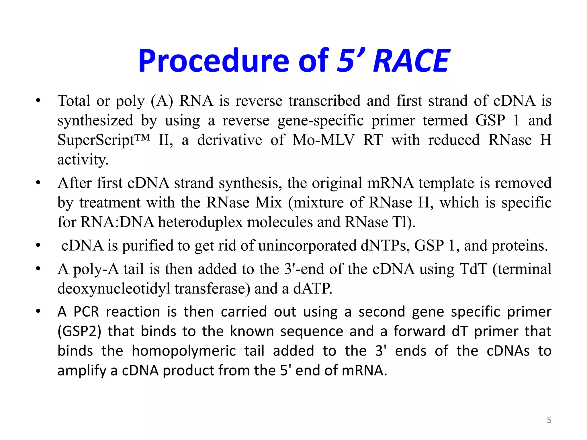 Procedure of 5’ RACE
• Total or poly (A) RNA is reverse transcribed and first strand of cDNA is
synthesized by using a reverse gene-specific primer termed GSP 1 and
SuperScript™ II, a derivative of Mo-MLV RT with reduced RNase H
activity.
• After first cDNA strand synthesis, the original mRNA template is removed
by treatment with the RNase Mix (mixture of RNase H, which is specific
for RNA:DNA heteroduplex molecules and RNase Tl).
• cDNA is purified to get rid of unincorporated dNTPs, GSP 1, and proteins.
• A poly-A tail is then added to the 3'-end of the cDNA using TdT (terminal
deoxynucleotidyl transferase) and a dATP.
• A PCR reaction is then carried out using a second gene specific primer
(GSP2) that binds to the known sequence and a forward dT primer that
binds the homopolymeric tail added to the 3' ends of the cDNAs to
amplify a cDNA product from the 5' end of mRNA.
5
 