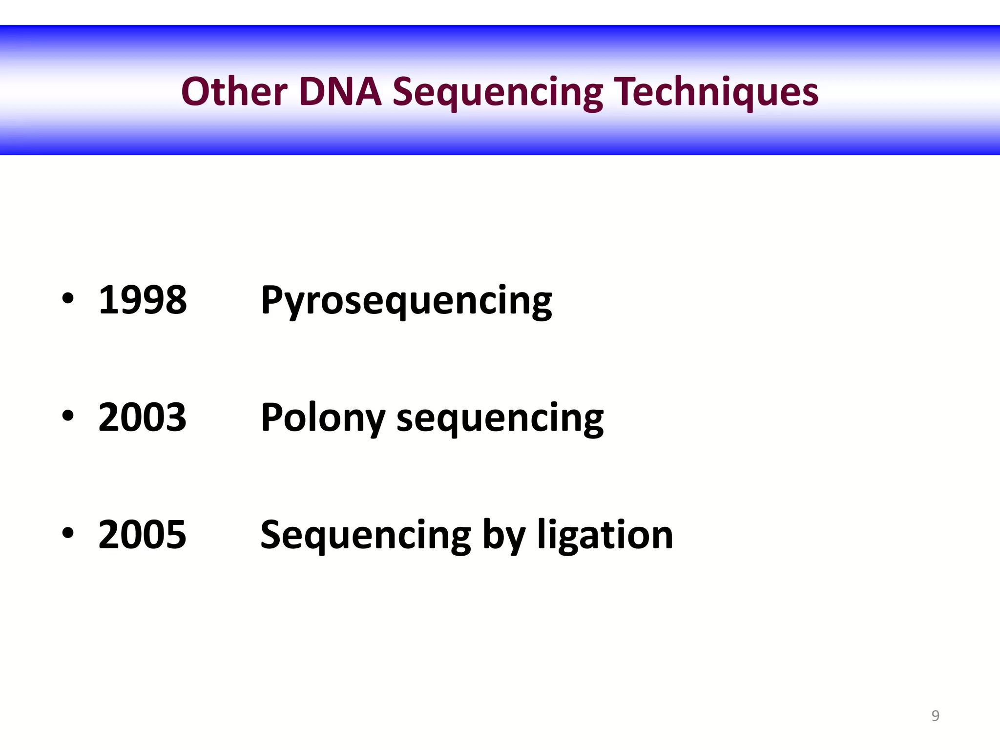 • 1998 Pyrosequencing
• 2003 Polony sequencing
• 2005 Sequencing by ligation
Other DNA Sequencing Techniques
9
 