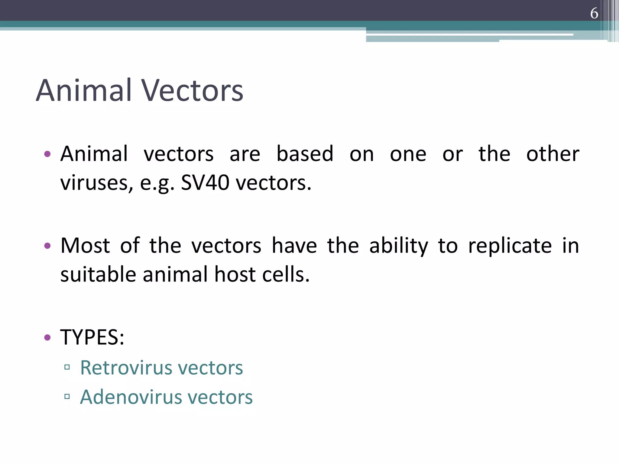 Animal Vectors
• Animal vectors are based on one or the other
viruses, e.g. SV40 vectors.
• Most of the vectors have the ability to replicate in
suitable animal host cells.
• TYPES:
▫ Retrovirus vectors
▫ Adenovirus vectors
6
 