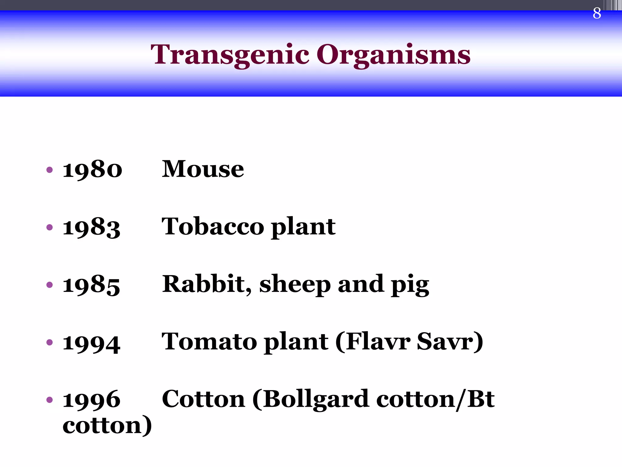 • 1980 Mouse
• 1983 Tobacco plant
• 1985 Rabbit, sheep and pig
• 1994 Tomato plant (Flavr Savr)
• 1996 Cotton (Bollgard cotton/Bt
cotton)
Transgenic Organisms
8
 