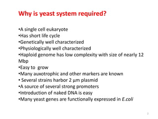 Why is yeast system required?
•A single cell eukaryote
•Has short life cycle
•Genetically well characterized
•Physiologica...