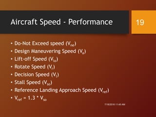 Aircraft Speed - Performance
7/18/2016 11:45 AM
19
• Do-Not Exceed speed (Vne)
• Design Maneuvering Speed (Va)
• Lift-off Speed (Vlo)
• Rotate Speed (Vr)
• Decision Speed (Vl)
• Stall Speed (Vso)
• Reference Landing Approach Speed (Vref)
• Vref = 1.3 * Vso
 