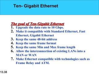 13.38
1. Upgrade the data rate to 10 Gbps.
2. Make it compatible with Standard Ethernet, Fast
Ethernet, Gigabit Ethernet
3. Keep the same 48-bit address
4. Keep the same frame format
5. Keep the same Min and Max frame length
6. Allow the interconnection of existing LANs into a
MAN or WAN
7. Make Ethernet compatible with technologies such as
Frame Relay and ATM.
The goal of Ten-Gigabit EthernetThe goal of Ten-Gigabit Ethernet
Ten- Gigabit Ethernet
 