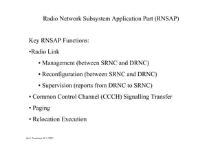 Radio Network Subsystem Application Part (RNSAP)

Key RNSAP Functions:
•Radio Link
• Management (between SRNC and DRNC)
• Reconfiguration (between SRNC and DRNC)
• Supervision (reports from DRNC to SRNC)
• Common Control Channel (CCCH) Signalling Transfer
• Paging
• Relocation Execution
Jussi Tuominen 30.1.2002

 
