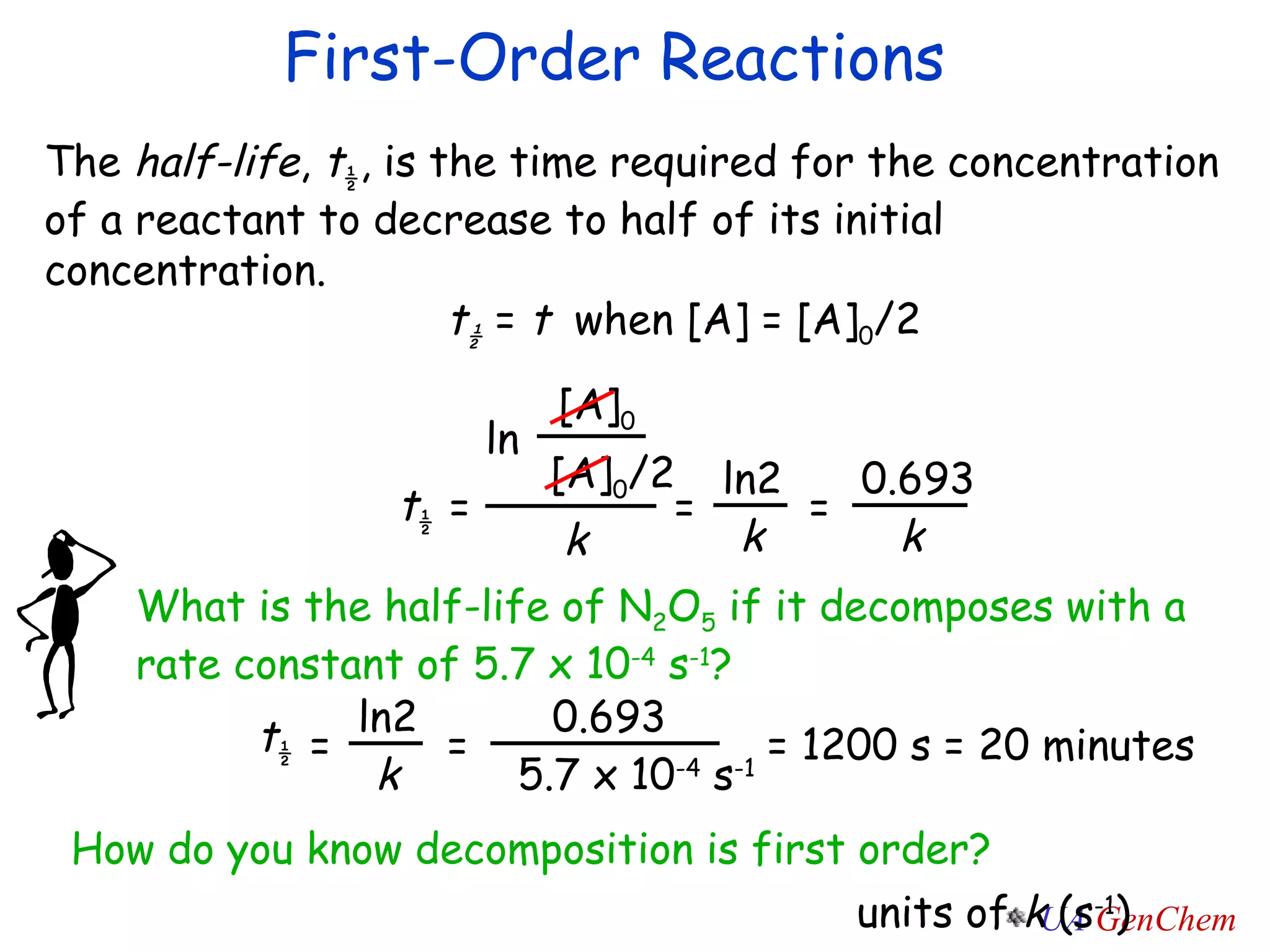 First-Order Reactions The  half-life ,  t ½ , is the time required for the concentration of a reactant to decrease to half of its initial concentration. t ½  =  t   when [A] = [A] 0 /2 = 1200 s = 20 minutes How do you know decomposition is first order? units of  k  (s -1 ) ln [A] 0 [A] 0 /2 k = t ½ ln2 k = 0.693 k = What is the half-life of N 2 O 5  if it decomposes with a rate constant of 5.7 x 10 -4  s -1 ? t ½ ln2 k = 0.693 5.7 x 10 -4  s -1 = 