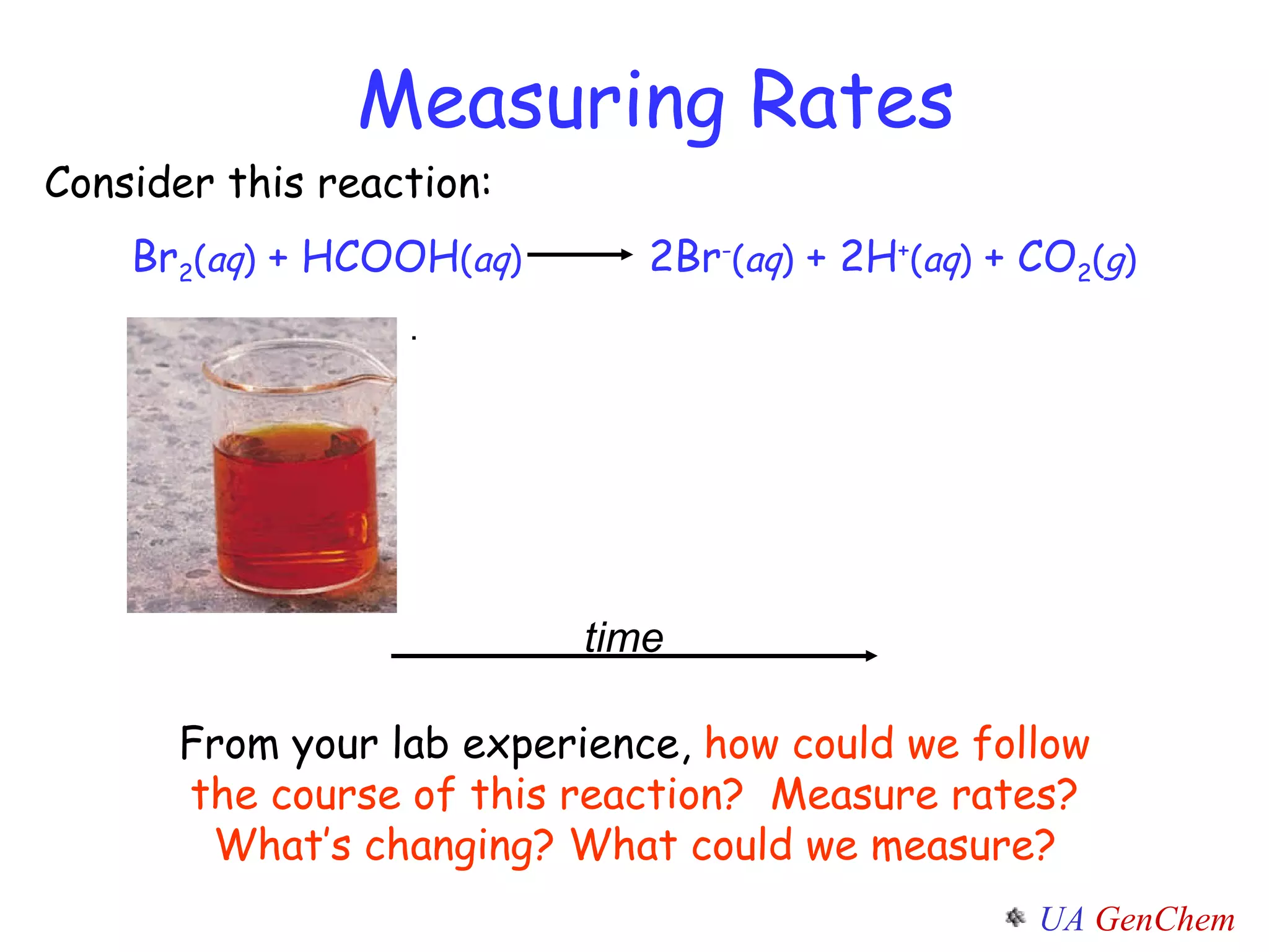 .  From your lab experience,  how could we follow the course of this reaction?   Measure rates? What’s changing? What could we measure?   Measuring Rates Consider this reaction: Br 2 ( aq )  + HCOOH ( aq )   2Br - ( aq )  + 2H + ( aq )  + CO 2 ( g ) time 