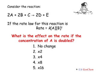 What is the effect on the rate if the concentration of A is doubled? Consider the reaction: 2A + 2B + C -> 2D + E If the rate law for this reaction is  Rate =  k [A][B] 2 No change x2 x4 x8 x16 