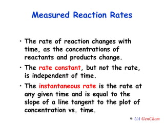 Measured Reaction Rates The rate of reaction changes with time, as the concentrations of reactants and products change. The  rate constant , but not the rate, is independent of time. The  instantaneous rate  is the rate at any given time and is equal to the slope of a line tangent to the plot of concentration vs. time. 