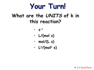 What are the  UNITS  of k in this reaction? s -1 L/(mol s) mol/(L s) L 2 /(mol 2  s) 